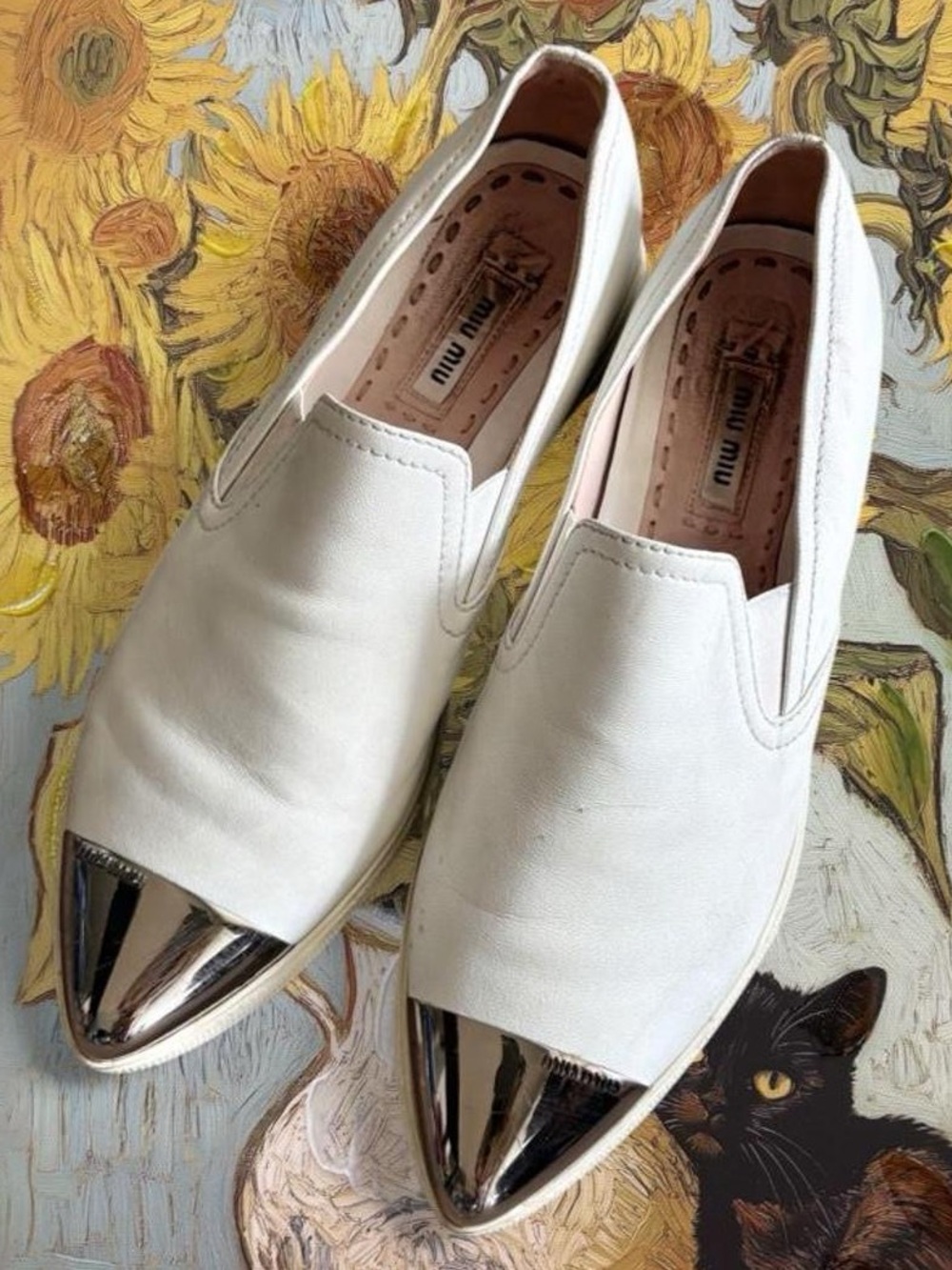 Miu Miu White Leather Slip-On Flats with Silver Metal Pointed Toe 6.5/EU 37